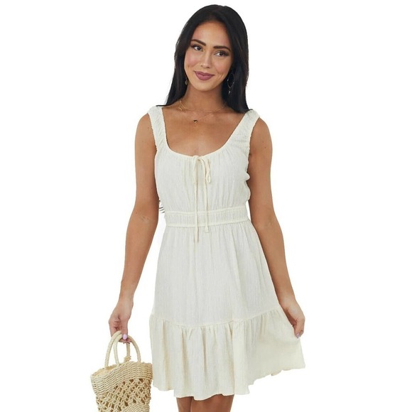 NWT Lush Textured Smocked Waist Ruffle Mini Tank Dress Womens Cream Size Small - Picture 1 of 8
